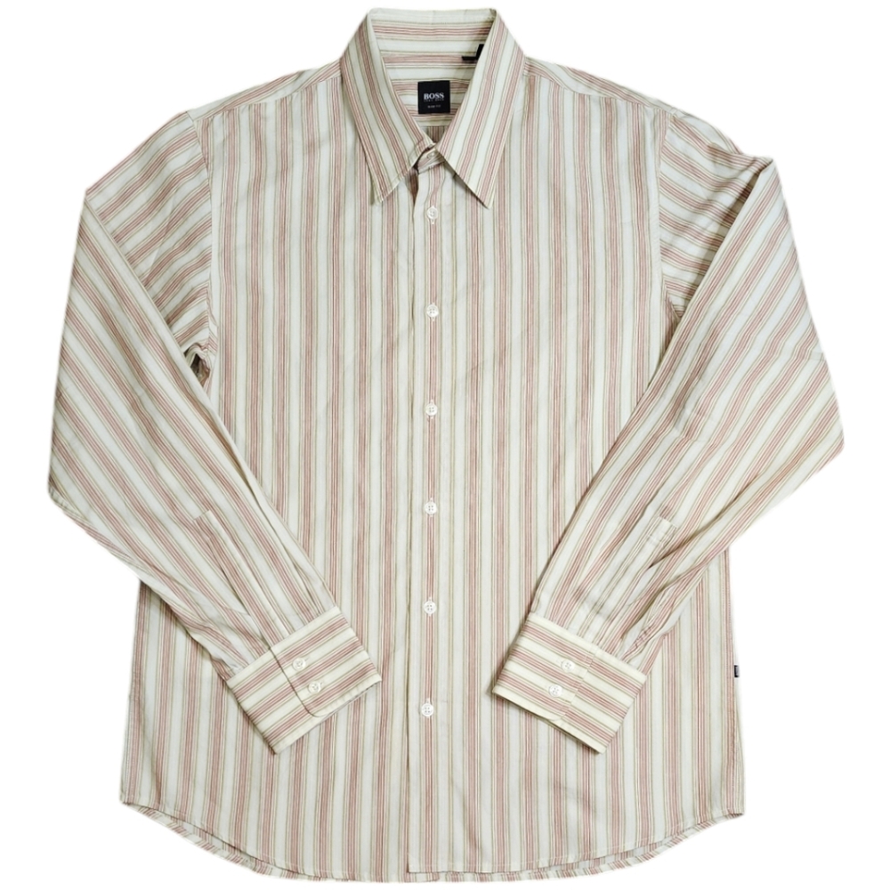 BOSS Hugo Boss Men's Large Slim Fit Striped Button Front Cuff Work Dress Shirt